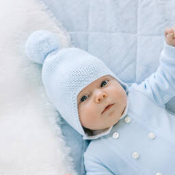 Emile et Rose-Pale Blue Knitted Cotton Pom-Pom Hat | Childrensalon