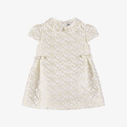 Emporio Armani-Baby Girls Ivory & Gold Eagle Logo Dress with Bows | Childrensalon