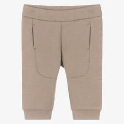 Boys Beige Cotton Joggers with Logo Lettering