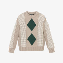Emporio Armani-Boys Beige Diamond Wool Knit Jumper | Childrensalon