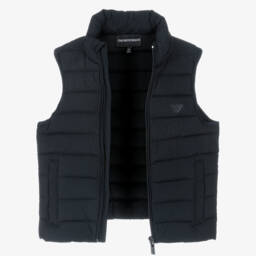 Emporio Armani-Boys Blue Hooded Down Puffer Gilet with Eagle Logo | Childrensalon