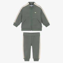 Emporio Armani-Boys Khaki Green Logo Tape Tracksuit | Childrensalon