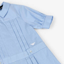Emporio Armani-Girls Blue Pinstripe Cotton Dress with Eagle Logo | Childrensalon