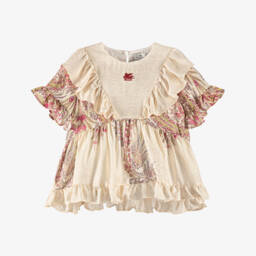 Girls Ivory & Pink Floral Print Blouse with Ruffles