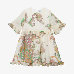 Girls Ivory Silk & Cotton Paisley Dress