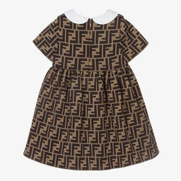 Fendi-فستان بياقة مزيج قطن وميلانو جيرسي لون بني | Childrensalon
