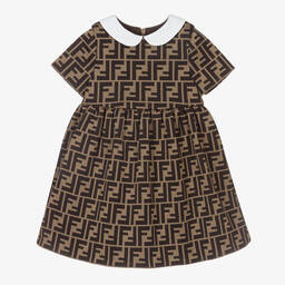 Fendi-فستان بياقة مزيج قطن وميلانو جيرسي لون بني | Childrensalon