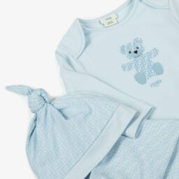 Fendi-Baby Girls Pale Blue Cotton Bear Babygrow Set | Childrensalon