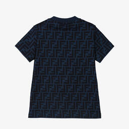 Fendi-تيشيرت بشعار FF قطن لون كحلي للأولاد | Childrensalon