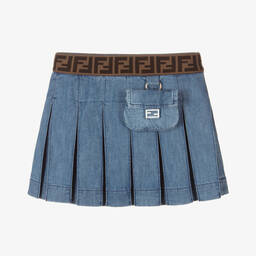 Fendi-تنورة بكسرات دنيم لون أزرق للبنات | Childrensalon