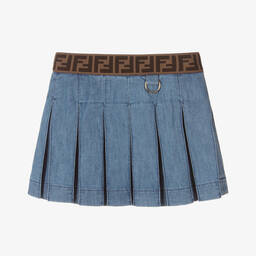 Fendi-تنورة بكسرات دنيم لون أزرق للبنات | Childrensalon