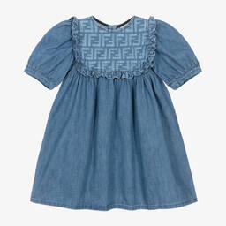 Fendi-Girls Blue FF Denim Dress | Childrensalon