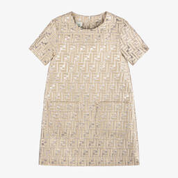 Fendi-Girls Champagne Gold FF Logo Dress | Childrensalon