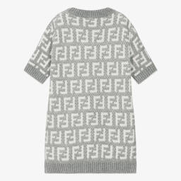 Fendi-فستان بطبعة مونوغرام فيسكوز وقطن محبوك لون رمادي | Childrensalon