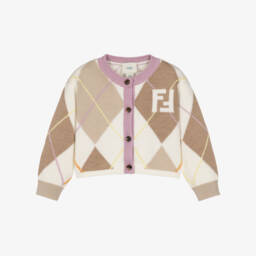 Girls Ivory & Beige Argyle Wool Knit Cardigan