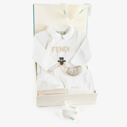 White Cotton Babysuit Gift Set with Fendi Bear