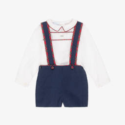 Foque-Boys Blue & White Cotton Shorts Set with Tartan Trim | Childrensalon