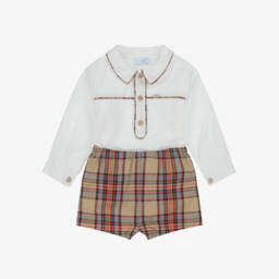 Foque-Girls Beige & Tan Brown Tartan Cotton Dress | Childrensalon