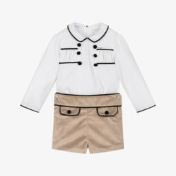 Foque-Boys White & Beige Velvet Shorts Set | Childrensalon