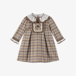 Foque-Girls Beige & Blue Checked Cotton Dress | Childrensalon