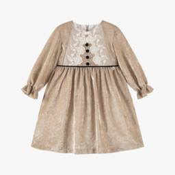Foque-Girls Beige Velour Dress with Embroidered Tulle Trims | Childrensalon