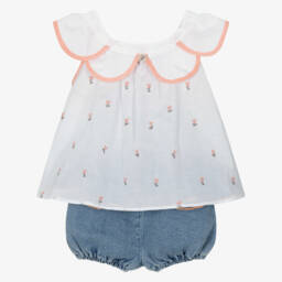 Foque-Girls White Floral Cotton Top & Denim Shorts Set | Childrensalon