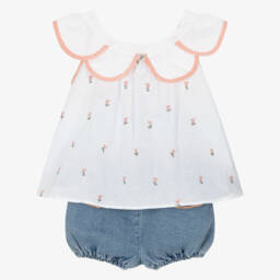 Foque-Girls White Floral Cotton Top & Denim Shorts Set | Childrensalon