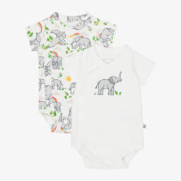 Baby Boys White Cotton Elephant Print Bodyvests (2 Pack)