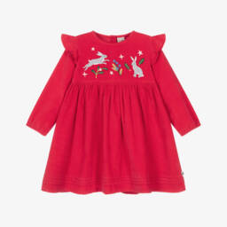 Frugi-Girls Red Needlecord Dress with Embroidered Rabbits | Childrensalon