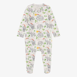 White Organic Cotton Elephant Print Babygrow