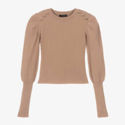 بلوفر بأكمام منتفخة محبوك لون بني للبنات