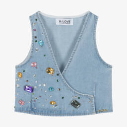 Girls Light Blue Denim Waistcoat with Jewels