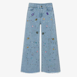 Girls Light Blue Wide Leg Jeans with Jewels