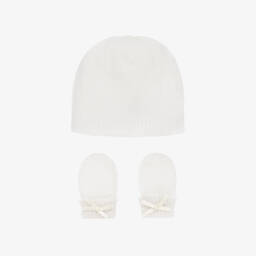 G.H.Hurt & Son-White Pure Cashmere Baby Hat & Mittens Set | Childrensalon