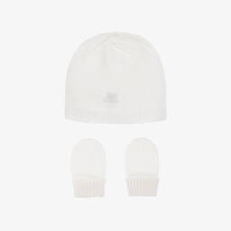 G.H.Hurt & Son-White Pure Cashmere Baby Hat & Mittens Set | Childrensalon