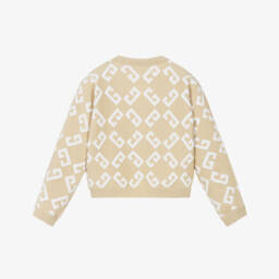 Givenchy-Girls Beige Logo Jacquard Cotton & Wool Knit Cardigan | Childrensalon