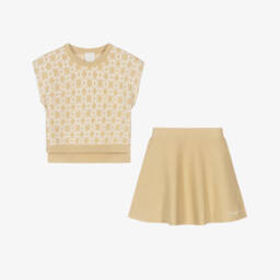 Givenchy-Girls Beige Logo Jacquard Cotton & Wool Knit Skirt Set | Childrensalon