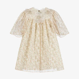 Graci-Girls Pale Beige Dress with Floral Print & Flower Collar | Childrensalon