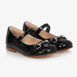 Gucci-Girls Black Leather Ballerina Shoes With Horsebit Detail | Childrensalon