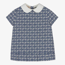 Gucci-Girls Navy Blue Cotton Double G Dress  | Childrensalon