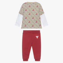 Guess-Baby Boys Beige & Red Cotton Joggers Set | Childrensalon