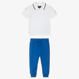 Guess-Baby Boys White Polo Shirt & Blue Cotton Jogger Set | Childrensalon