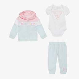 Guess-Baby Girls Blue & Pink Cotton Tracksuit Set | Childrensalon