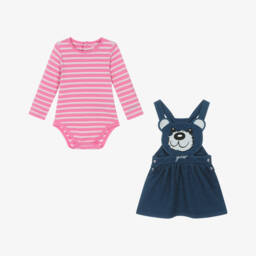 Guess-Baby Girls Blue Teddy Bear Pinafore Dress Set | Childrensalon