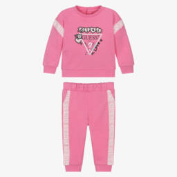 Guess-Baby Girls Pink Cotton Tracksuit with Logo Tape Trims | Childrensalon