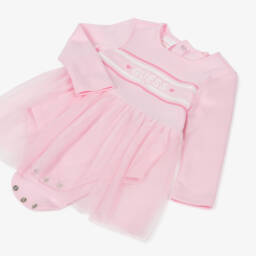 Guess-Baby Girls Pink Cotton & Tulle Dress with Iridescent Logo | Childrensalon