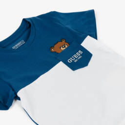 Guess-Boys Blue & White Cotton Teddy Bear Pocket T-Shirt | Childrensalon