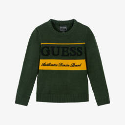 Guess-Boys Dark Green Knitted Sweater with Embroidered Logo | Childrensalon