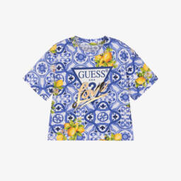 Girls Blue Cotton Tile Print T-Shirt with Triangle Logo