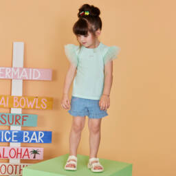 Guess-Girls Blue Denim Frill Trim Shorts | Childrensalon